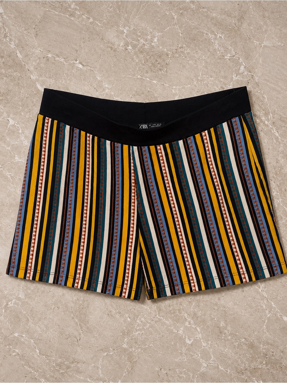 Zara Knit Multicolor Striped Jacquard Shorts Black Waistband Boho Size Large